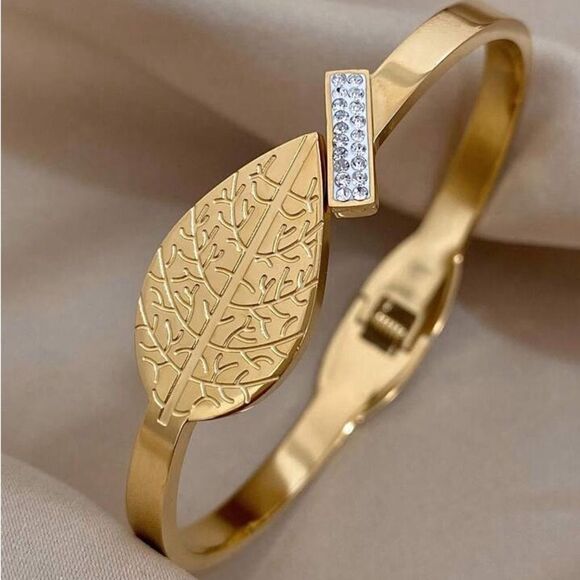 Elegant Gold Leaf Bracelet Vintage Stainless Steel Cuff Bracelet Bangle - Picture 2 of 6